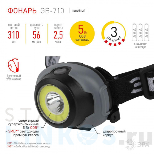 Купить с доставкой Налобный светодиодный фонарь ЭРА Пиранья от батареек 43х43х68 310 лм GB-710 Б0052752 в Туле фото 3